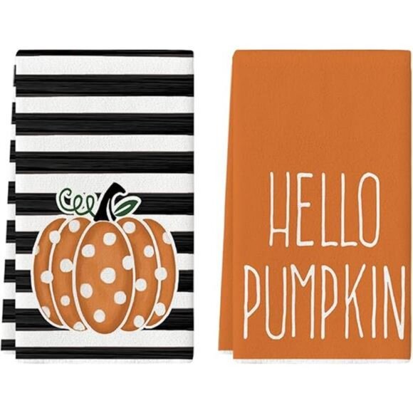 Orange Polka Dot Stripes Hello Pumpkin Fall Kitchen Towels Dish - Picture 7 of 7